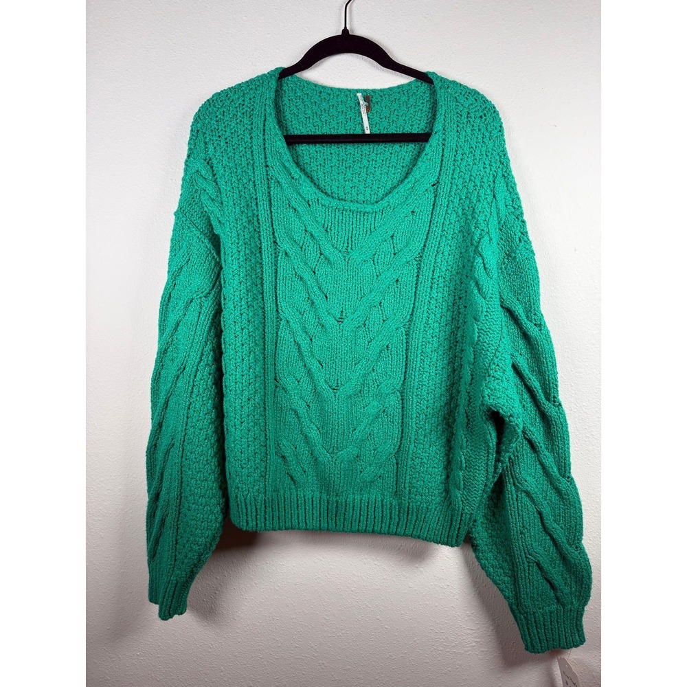 Free People Emerald Green Cable Knit Cotton Sweater Scoop Neck Medium OB1069677